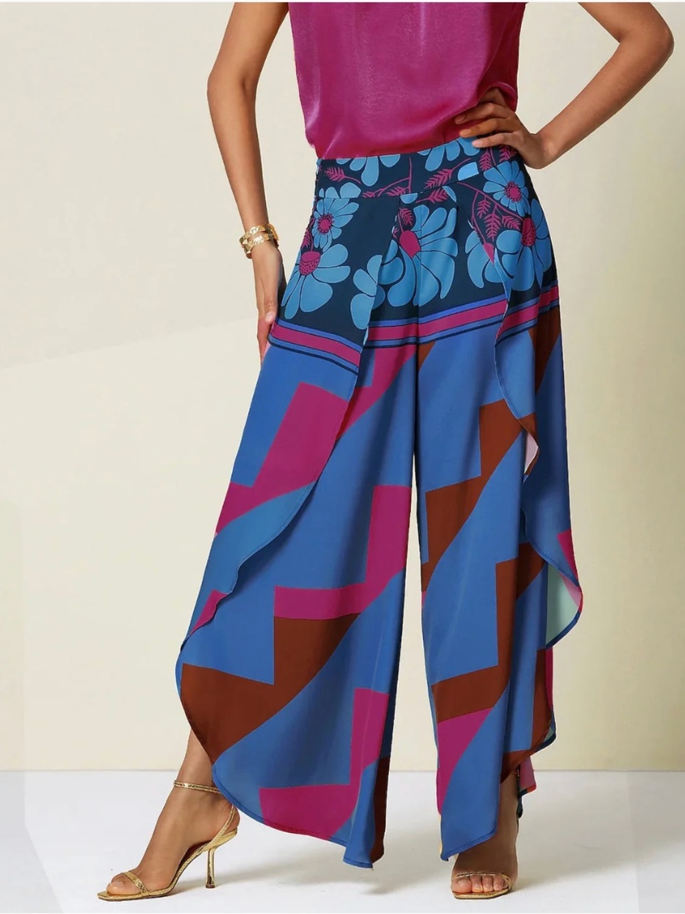 Adore Satin Geometric Print Swing full-length Micro-Elastic Pants